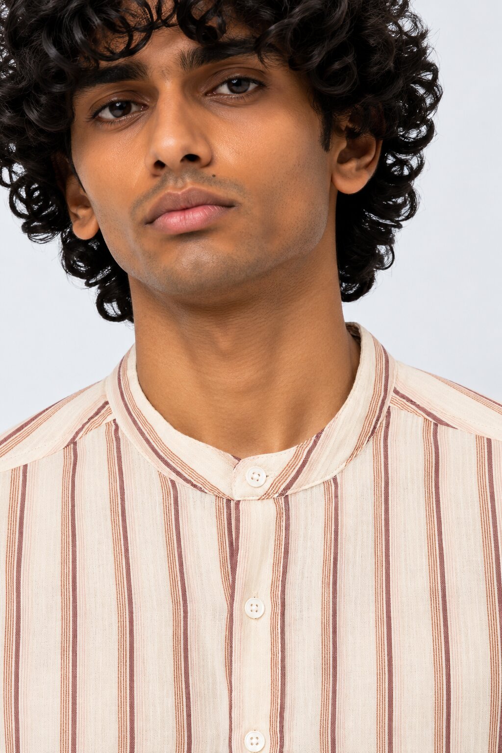 Mens Brown Striped Band Collar Shirt - Image 9