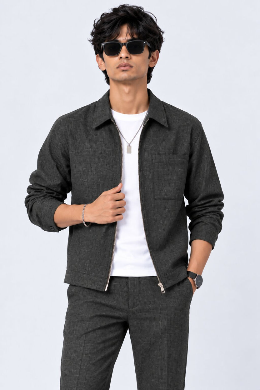 Mens Grey Textured Solid Zip-Up Jacket - Image 1