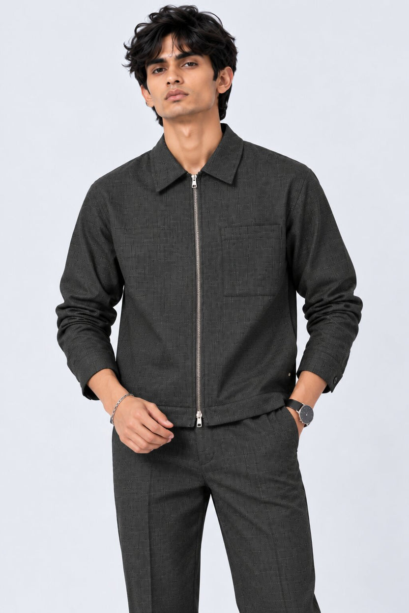 Mens Grey Textured Solid Zip-Up Jacket - Image 2