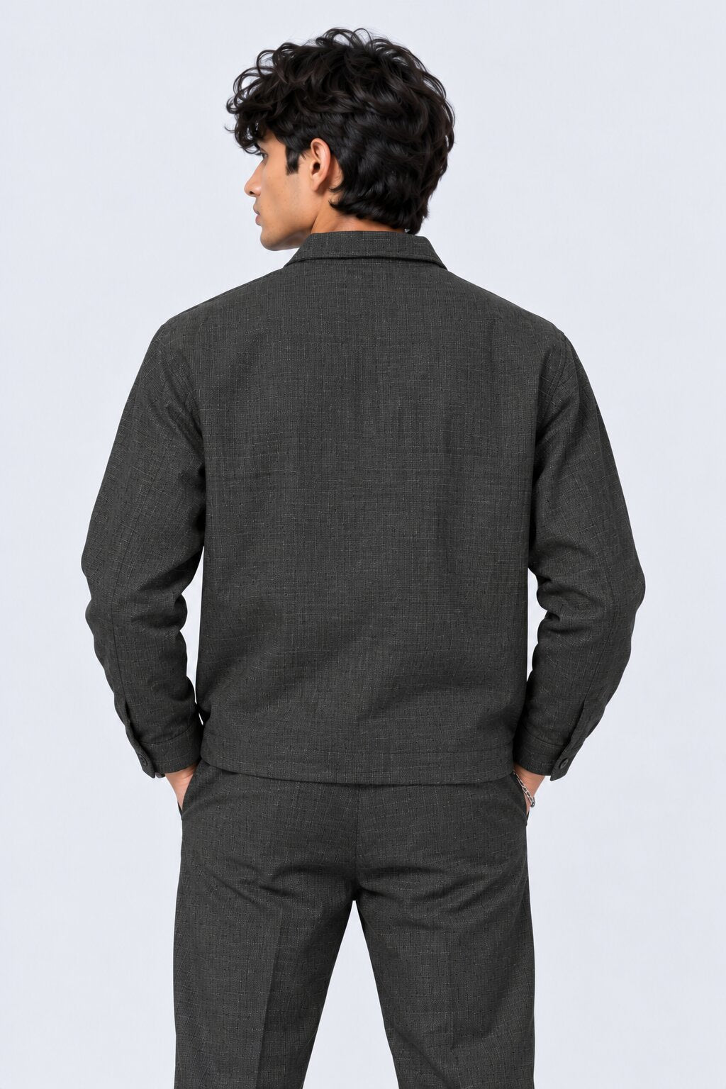 Mens Grey Textured Solid Zip-Up Jacket - Image 5