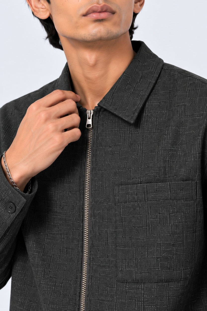 Mens Grey Textured Solid Zip-Up Jacket - Image 9