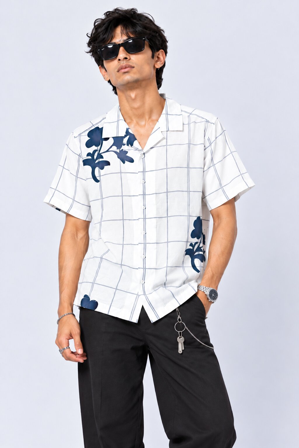Mens White Floral Checked Resort Shirt - Image 1