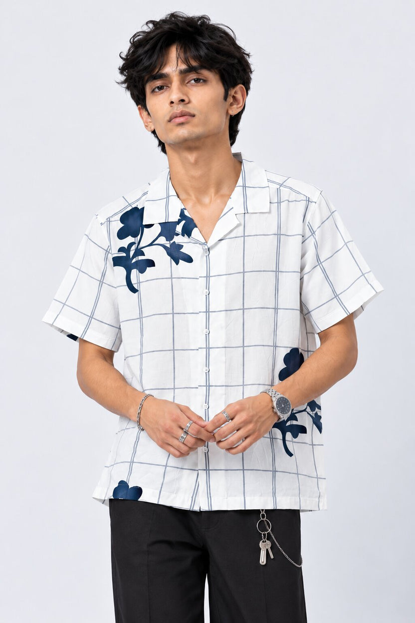 Mens White Floral Checked Resort Shirt - Image 2