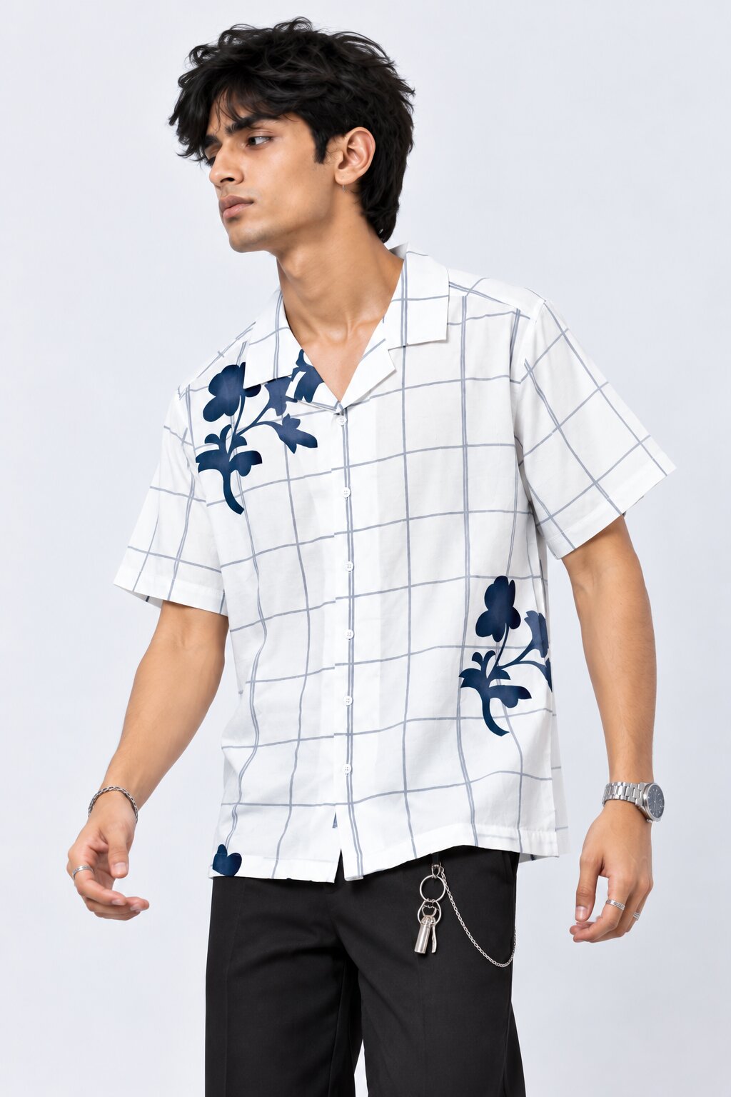 Mens White Floral Checked Resort Shirt - Image 4