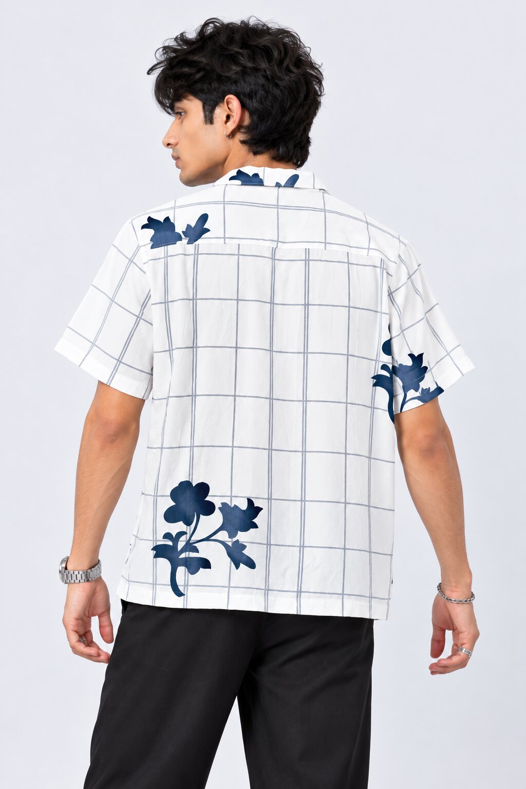 Mens White Floral Checked Resort Shirt - Image 5