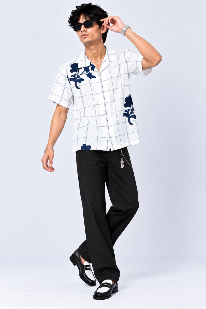 Mens White Floral Checked Resort Shirt - Image 6