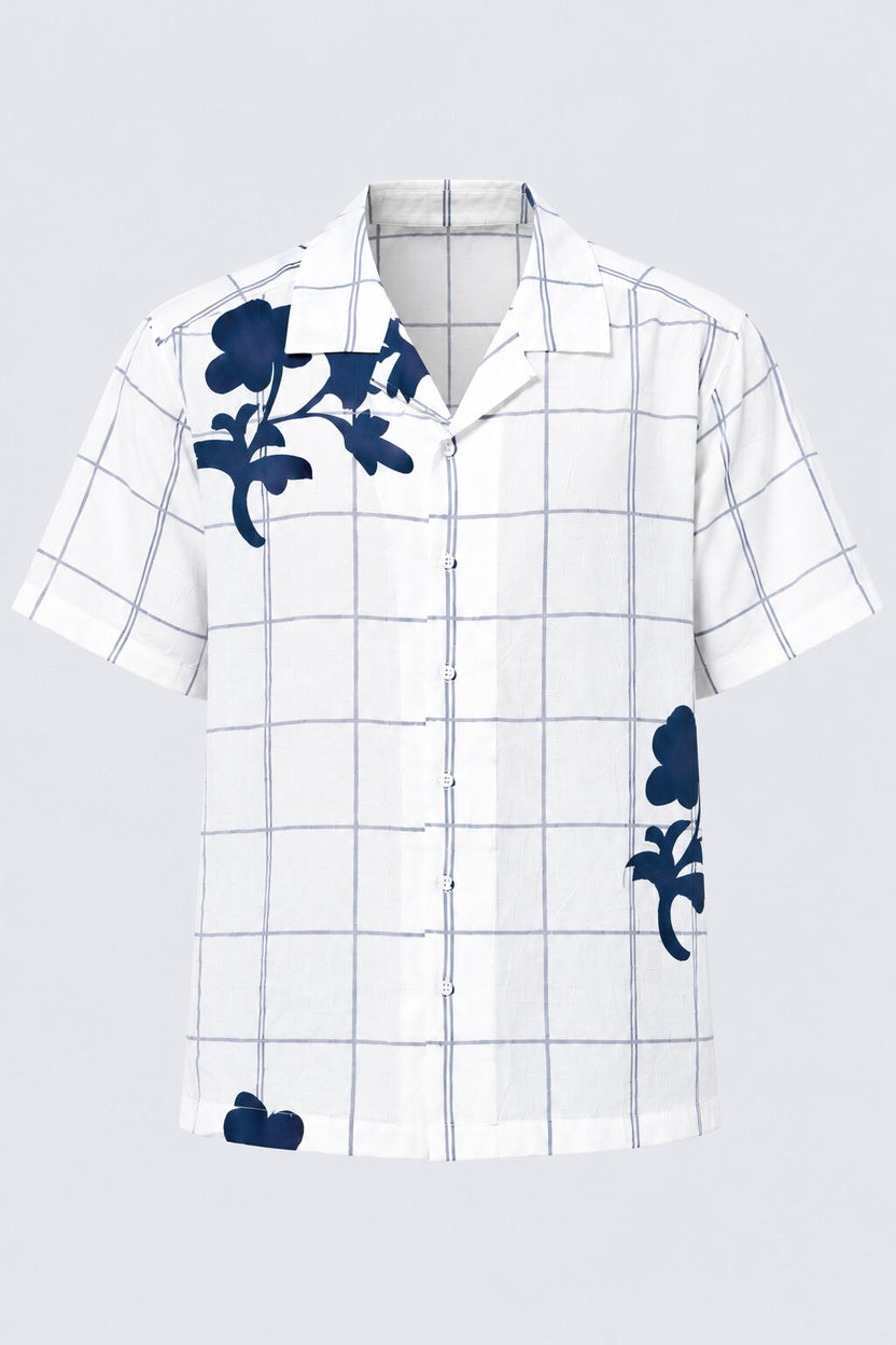 Mens White Floral Checked Resort Shirt - Image 7