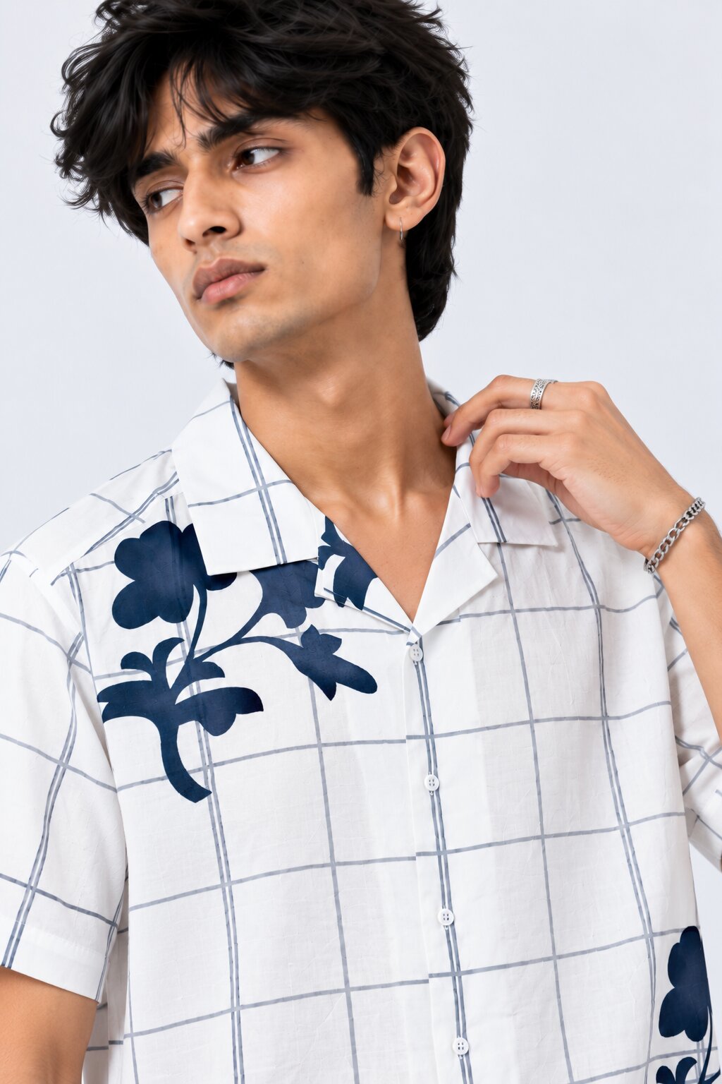 Mens White Floral Checked Resort Shirt - Image 8