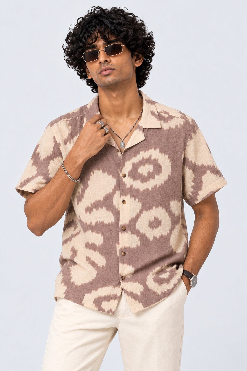 Mens Beige Abstract Printed Resort Shirt - Image 1