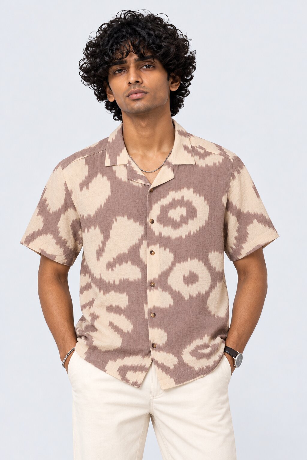 Mens Beige Abstract Printed Resort Shirt - Image 2
