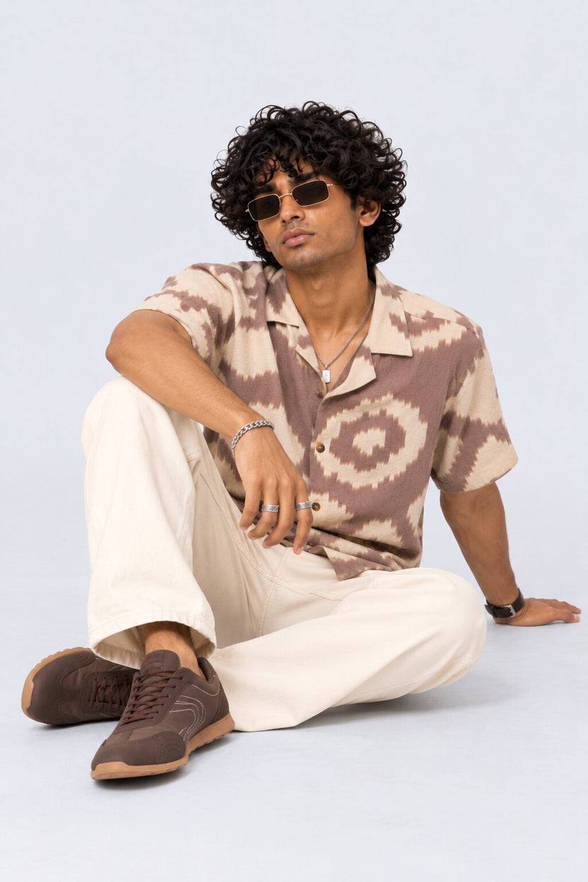 Mens Beige Abstract Printed Resort Shirt - Image 6