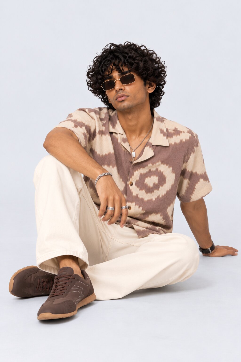 Mens Beige Abstract Printed Resort Shirt - Image 6