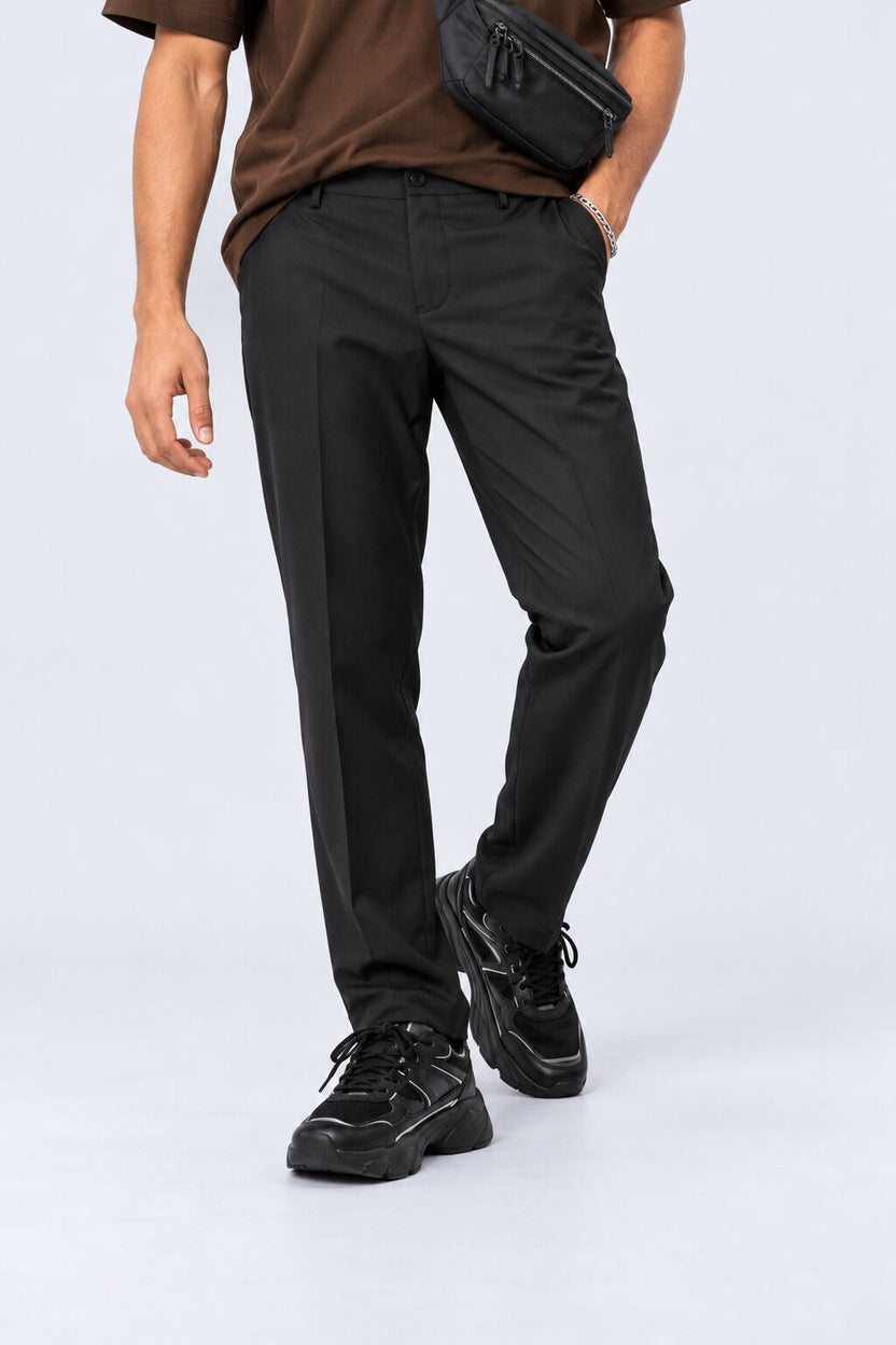 Mens Black Solid Black Regular Fit Trouser - Image 1