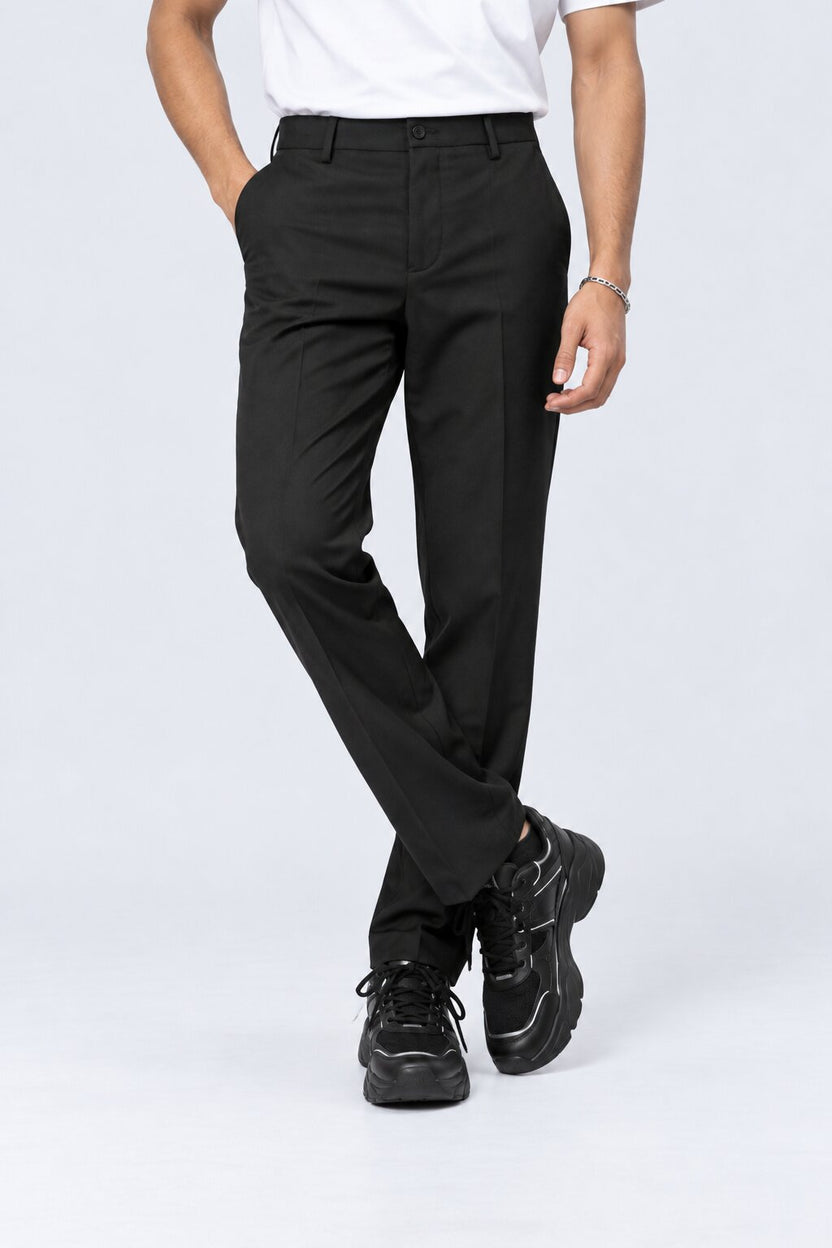 Mens Black Solid Black Regular Fit Trouser - Image 2
