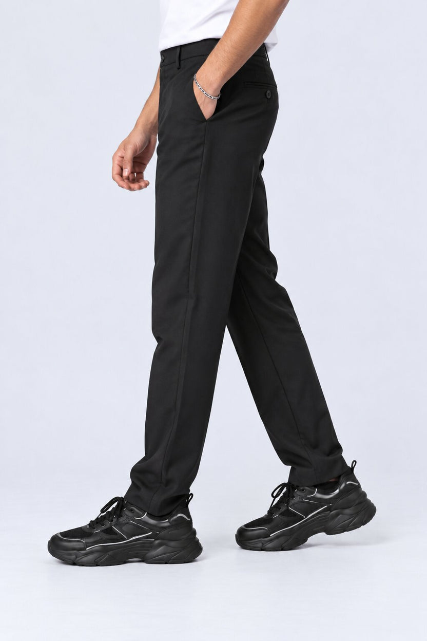 Mens Black Solid Black Regular Fit Trouser - Image 4