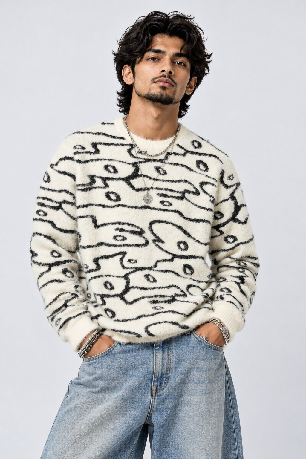 Mens Off White Abstract Printed Fuzzy Sweater - Image 1