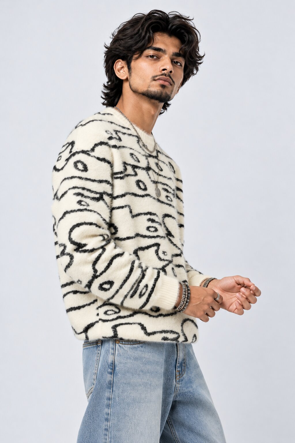 Mens Off White Abstract Printed Fuzzy Sweater - Image 3