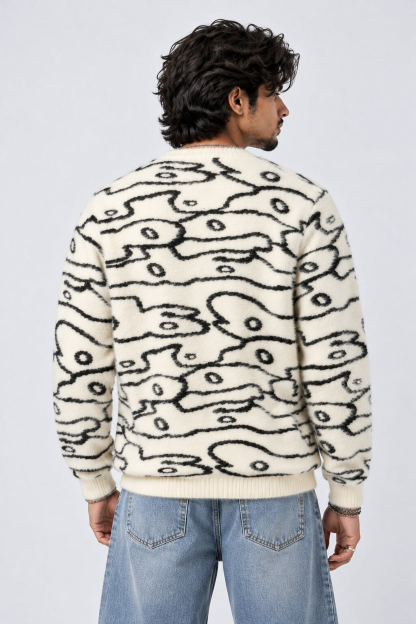 Mens Off White Abstract Printed Fuzzy Sweater - Image 4