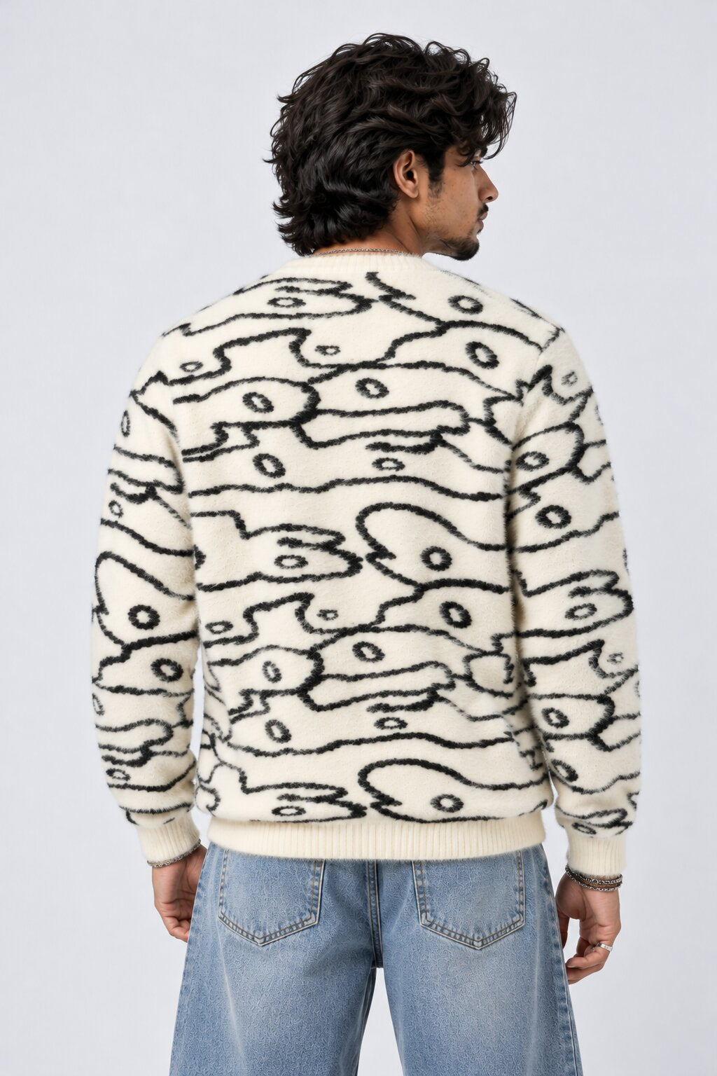 Mens Off White Abstract Printed Fuzzy Sweater - Image 4