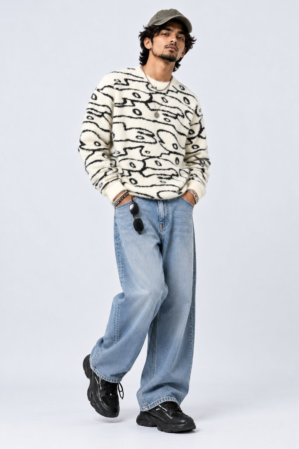 Mens Off White Abstract Printed Fuzzy Sweater - Image 5