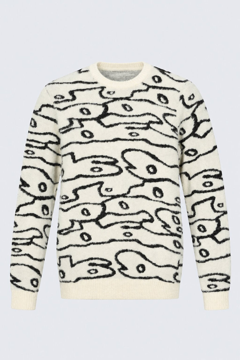Mens Off White Abstract Printed Fuzzy Sweater - Image 6