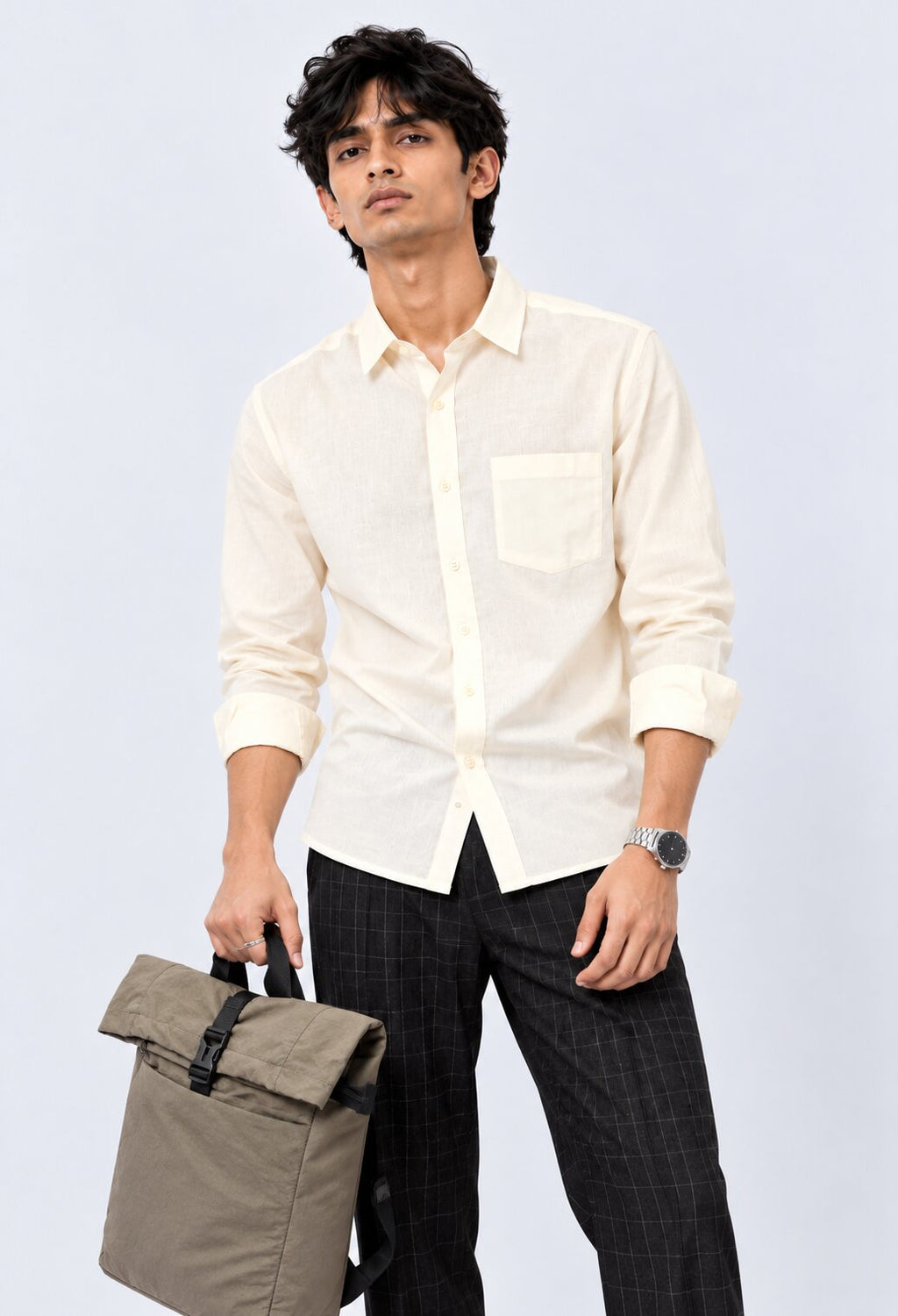 Mens Solid Off-White Casual Shirt - Image 1