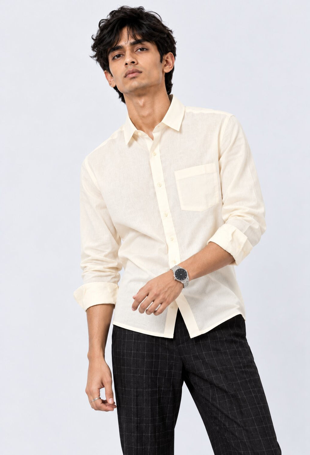Mens Solid Off-White Casual Shirt - Image 2