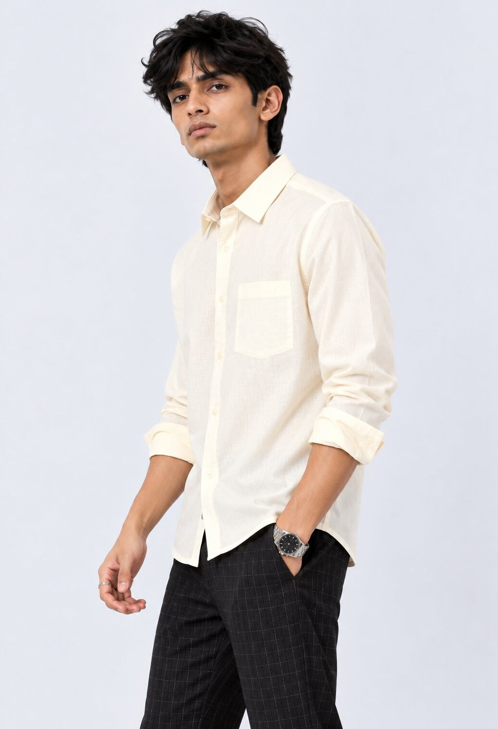 Mens Solid Off-White Casual Shirt - Image 4