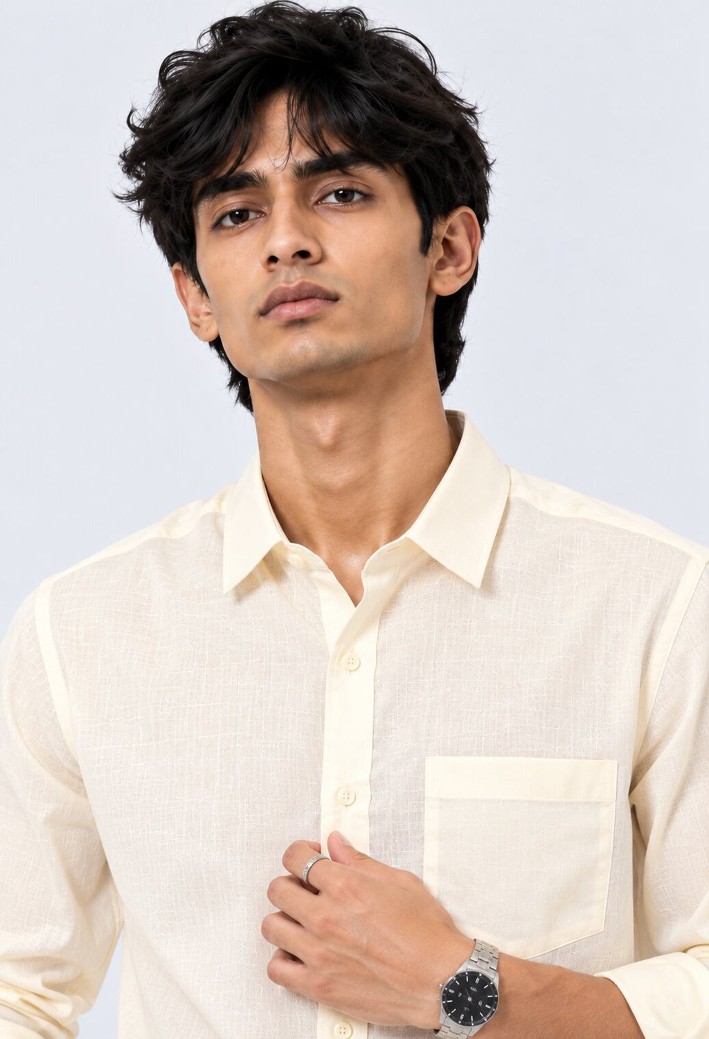 Mens Solid Off-White Casual Shirt - Image 8