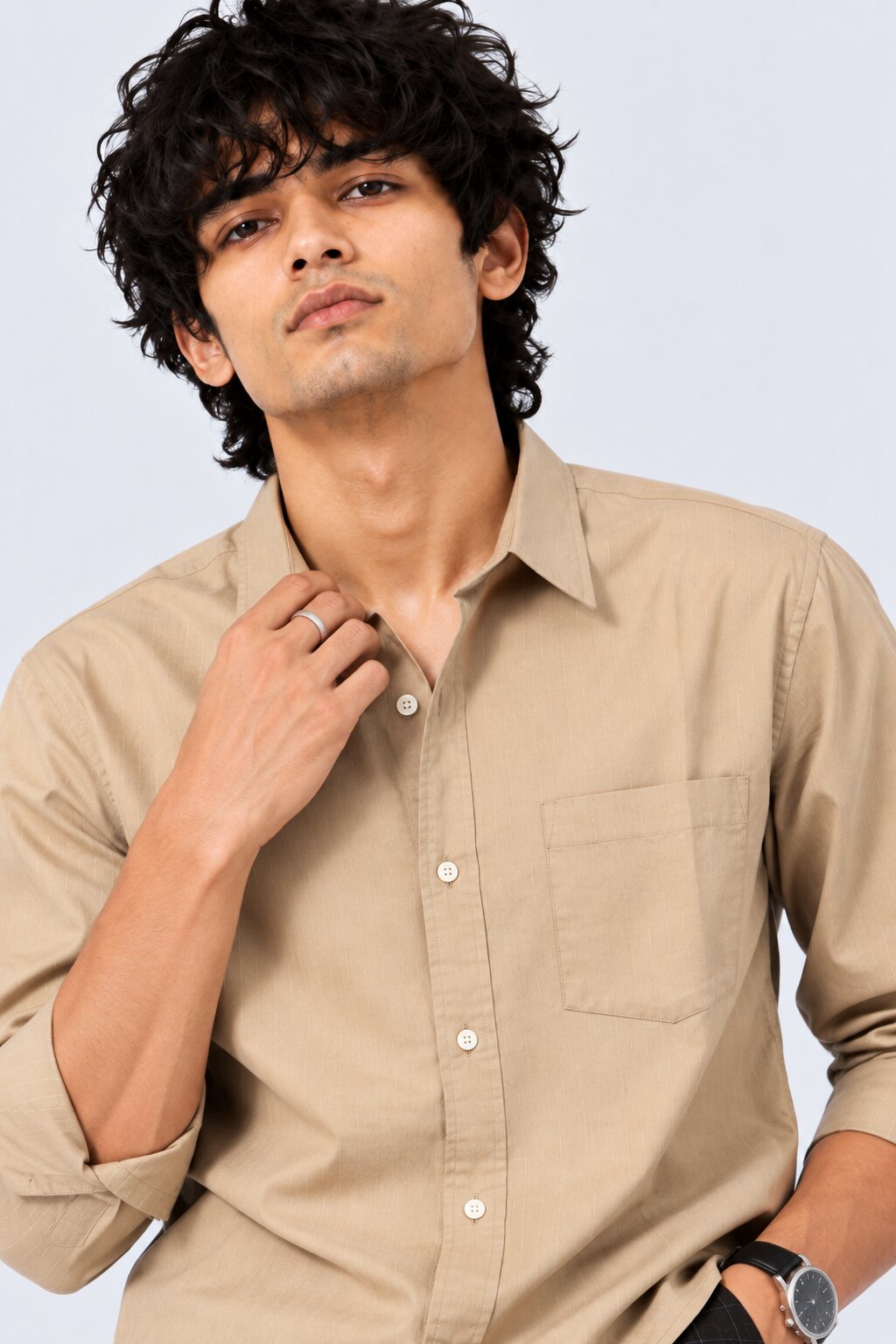 Mens Solid Taupe Formal Shirt - Image 3