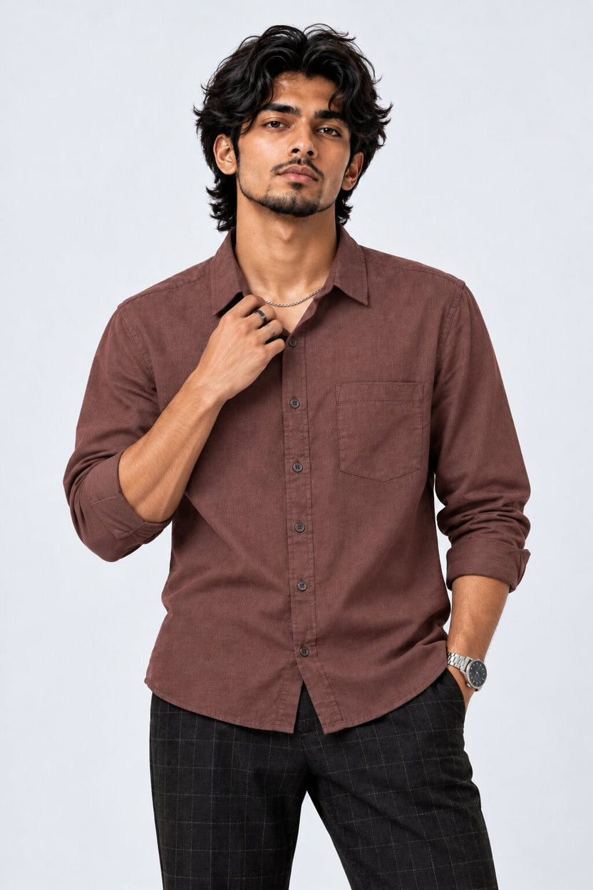 Mens Solid Brown Formal Shirt - Image 2