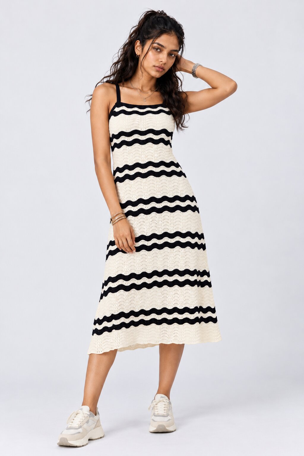 Womens Navy Striped Knitted Midi Dress - Image 1