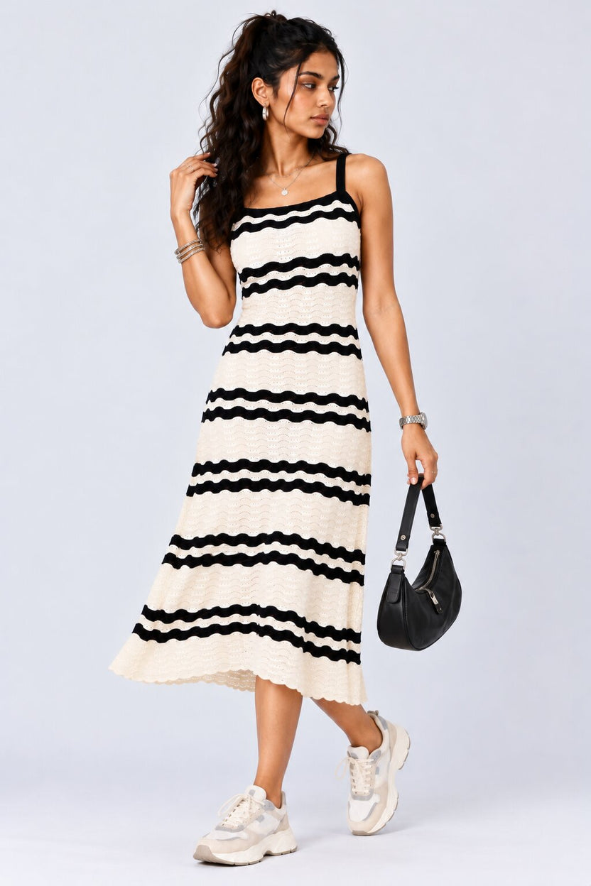 Womens Navy Striped Knitted Midi Dress - Image 2