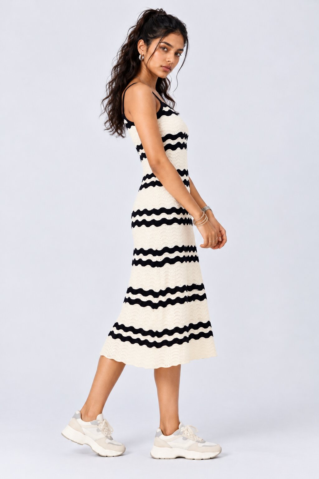 Womens Navy Striped Knitted Midi Dress - Image 4