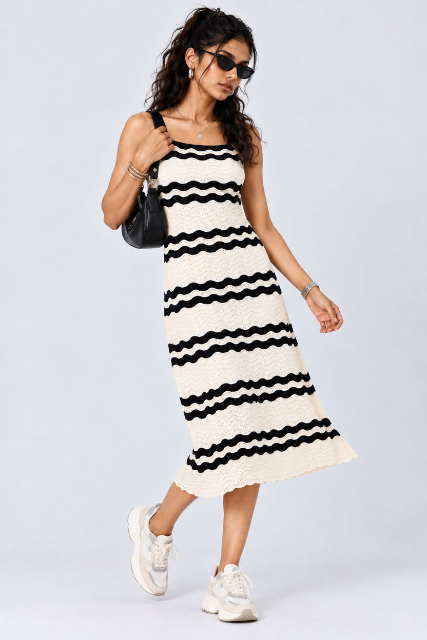 Womens Navy Striped Knitted Midi Dress - Image 6