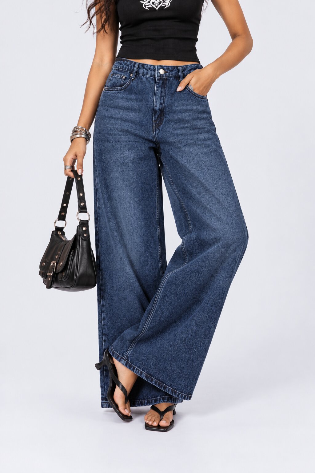 Womens Blue Solid Wide Leg Jeans - Image 1