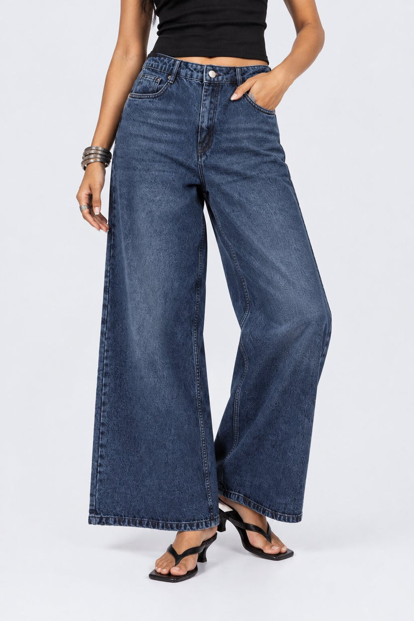 Womens Blue Solid Wide Leg Jeans - Image 2