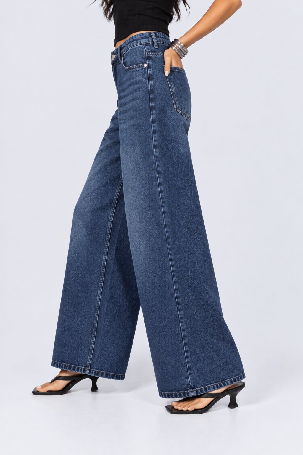 Womens Blue Solid Wide Leg Jeans - Image 4