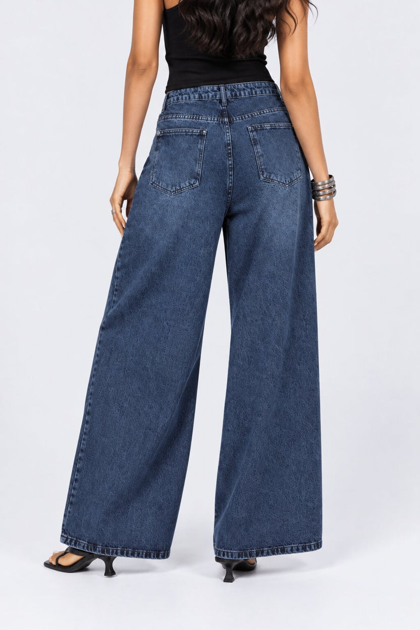 Womens Blue Solid Wide Leg Jeans - Image 5