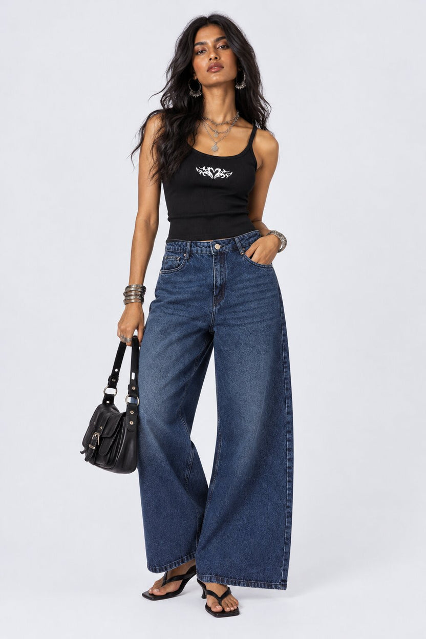 Womens Blue Solid Wide Leg Jeans - Image 6