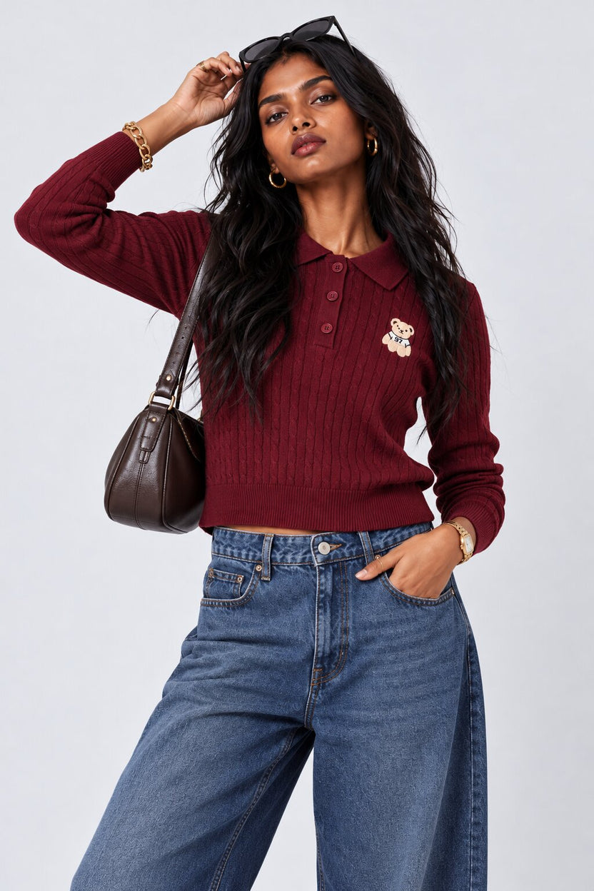 Womens Navy Teddy Bear Cable Knit Polo Sweater - Image 1