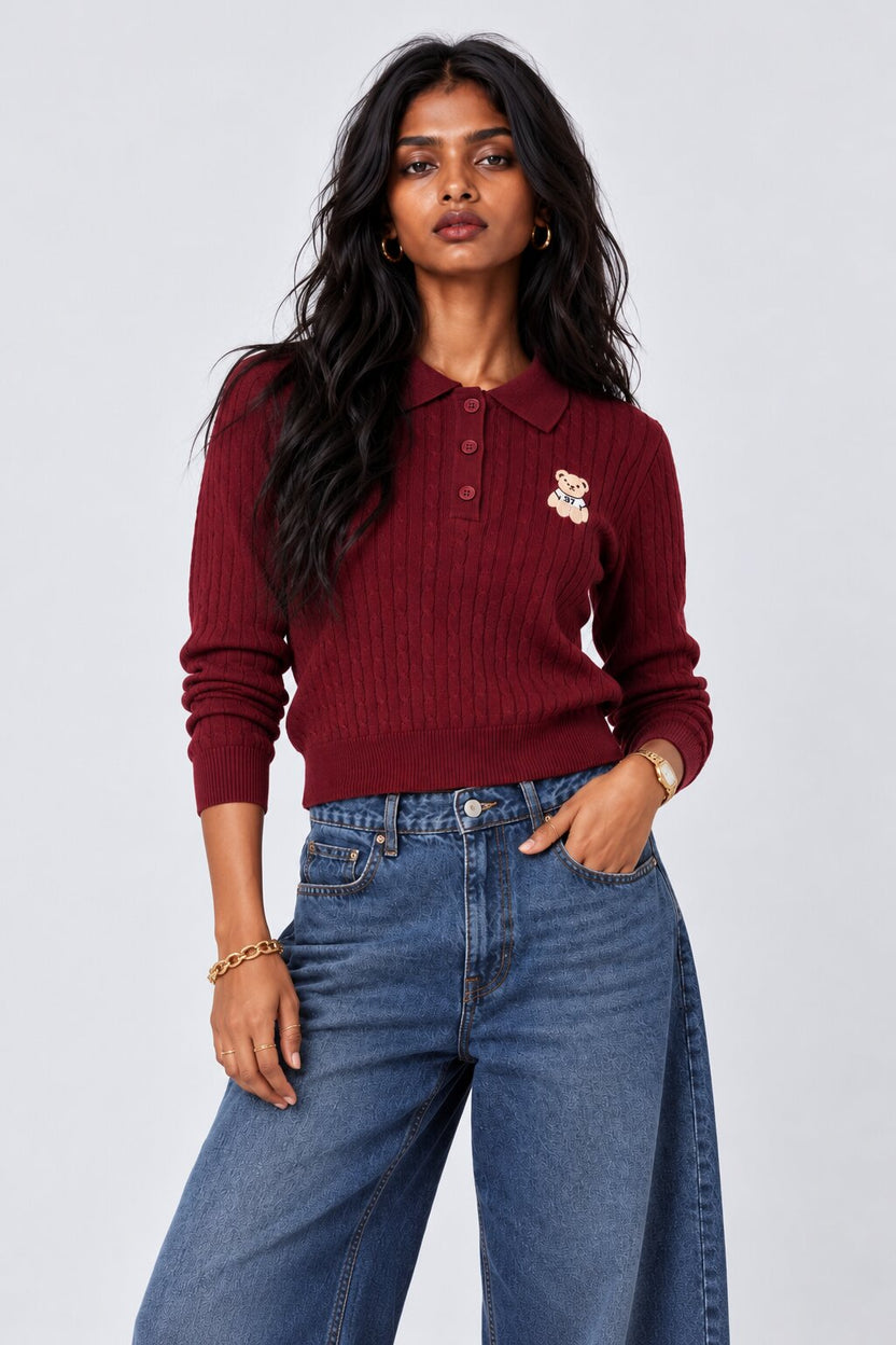 Womens Navy Teddy Bear Cable Knit Polo Sweater - Image 2