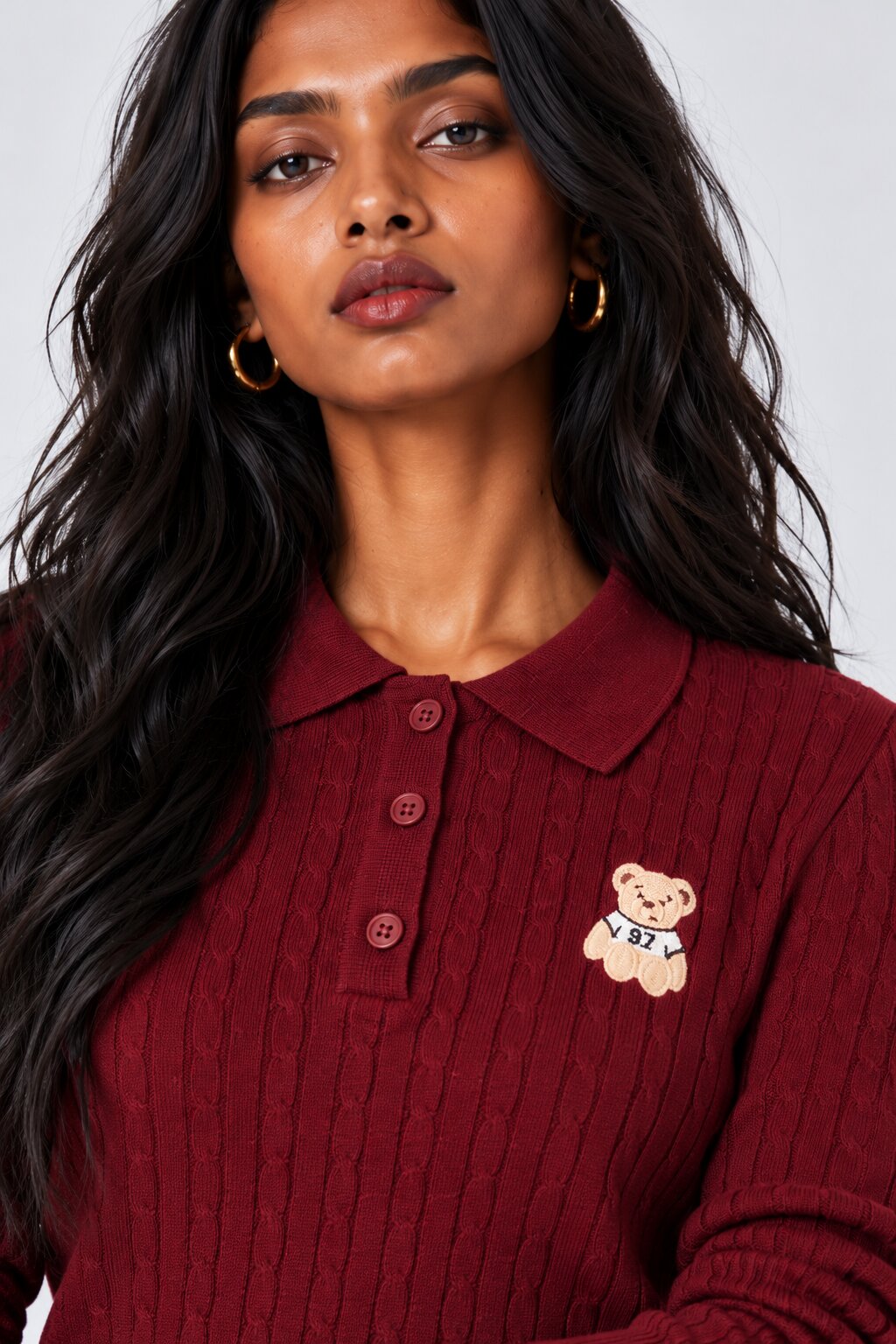 Women Maroon Teddy Bear Embroidered Top - Image 3