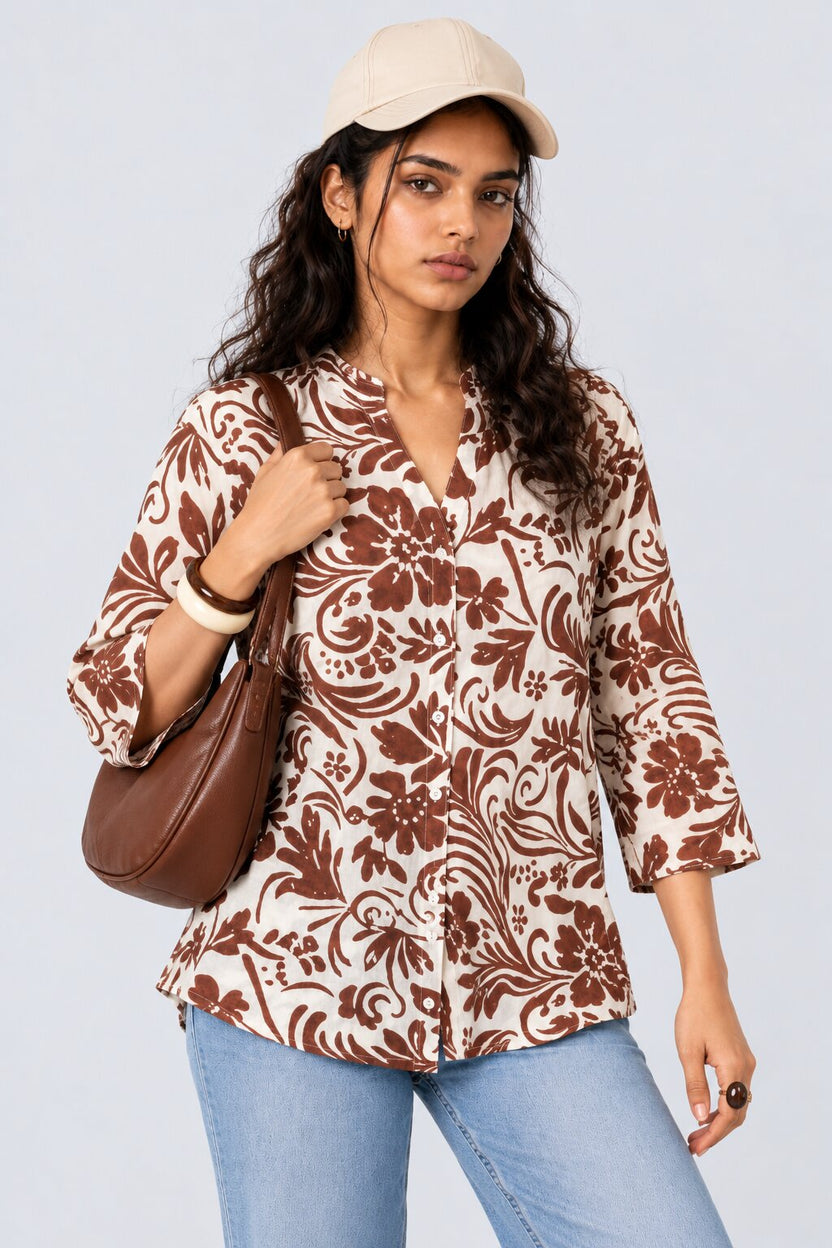 Womens Brown Floral Print Mandarin Collar Tunic - Image 1