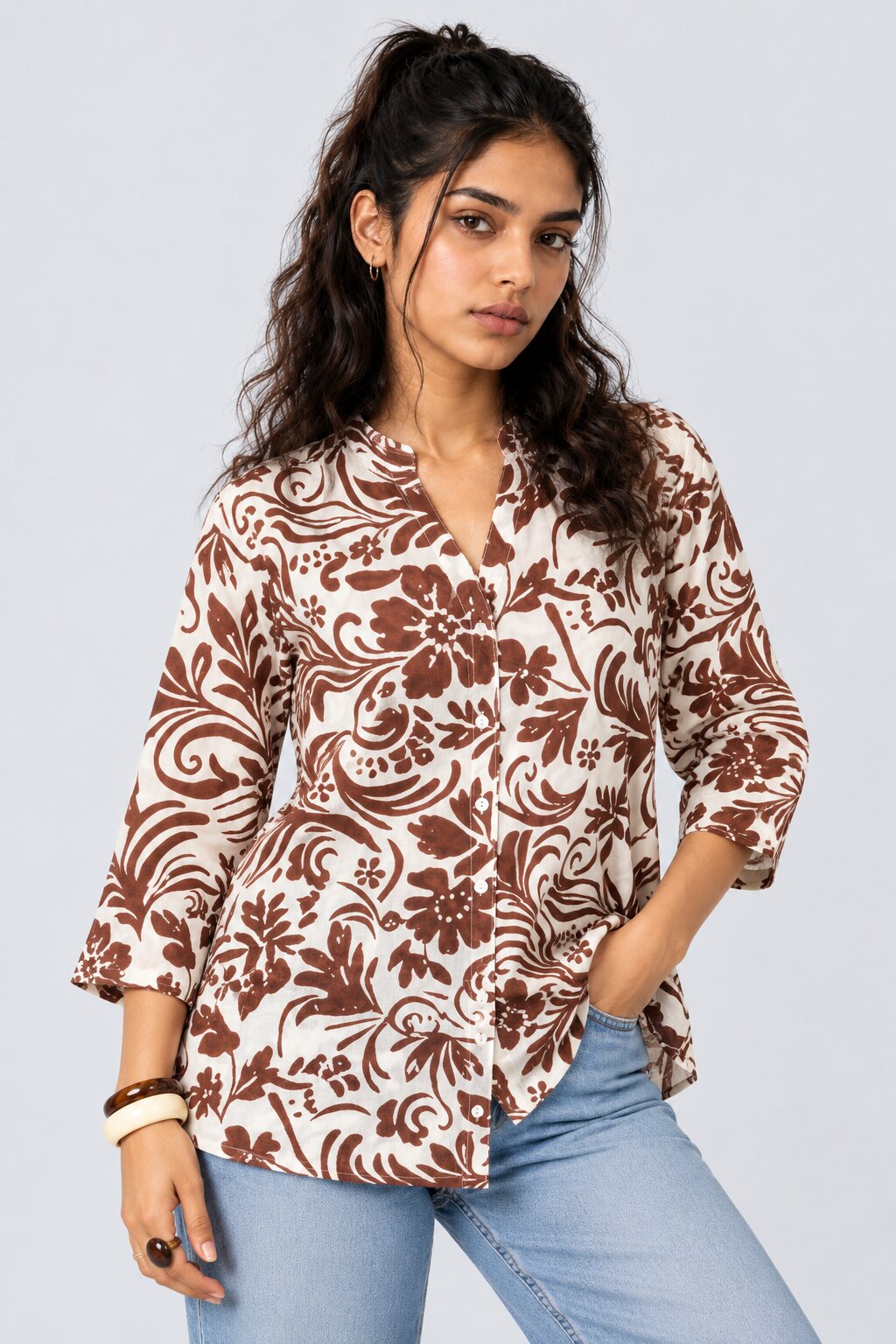 Womens Brown Floral Print Mandarin Collar Tunic - Image 2