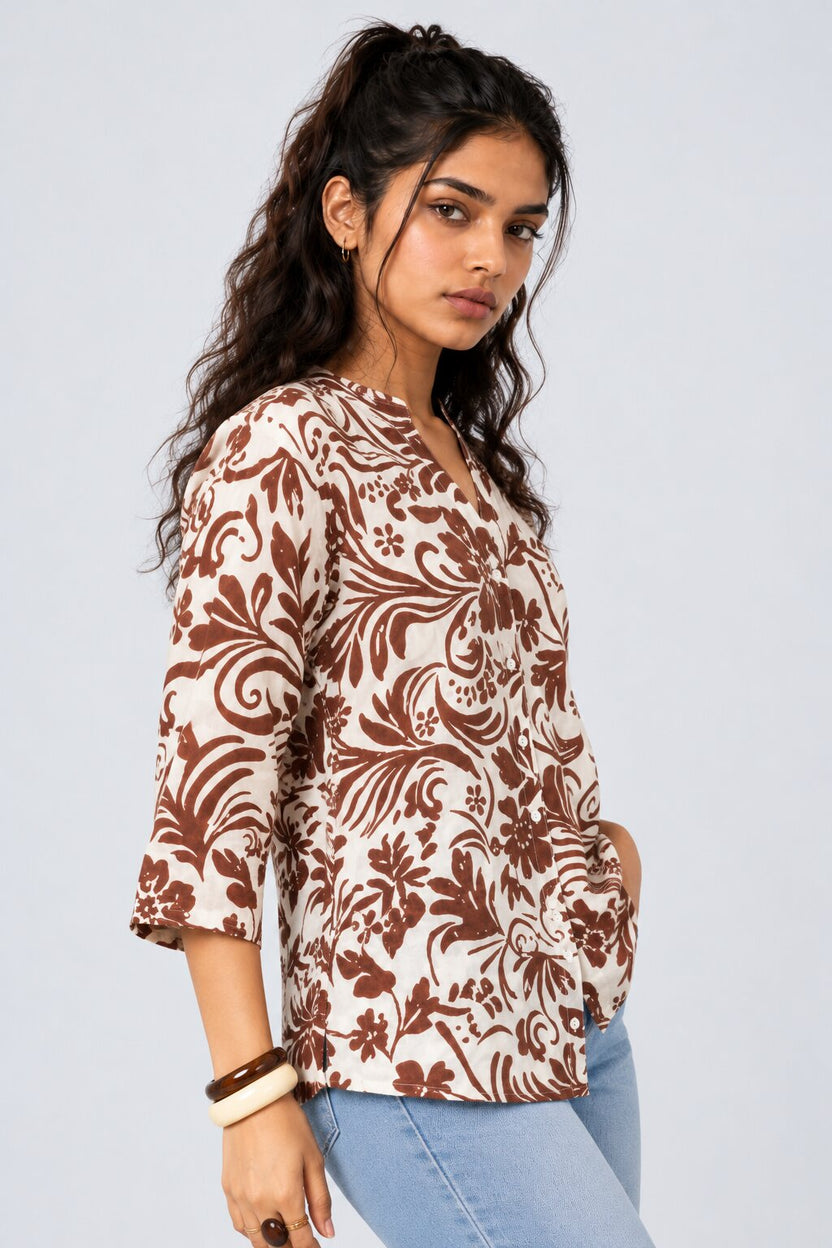 Womens Brown Floral Print Mandarin Collar Tunic - Image 4