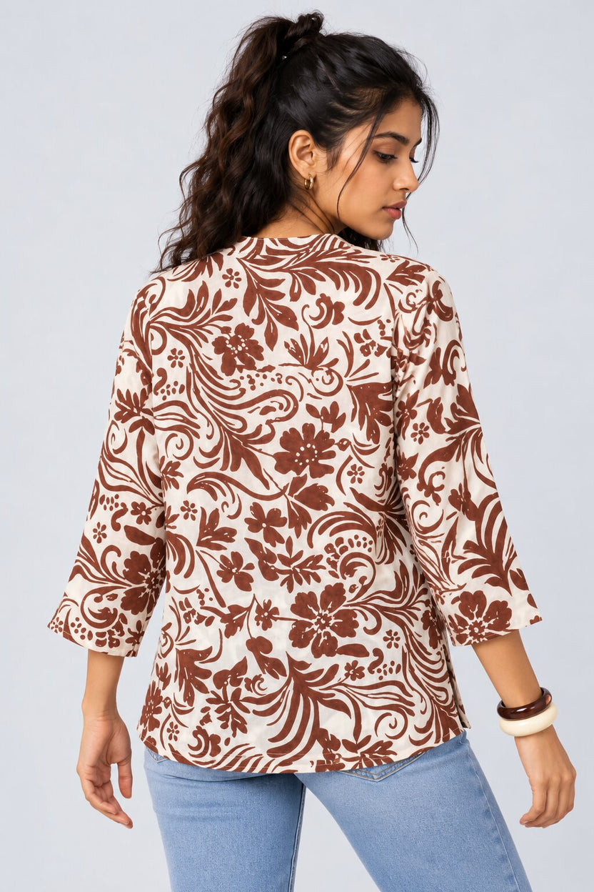 Womens Brown Floral Print Mandarin Collar Tunic - Image 5