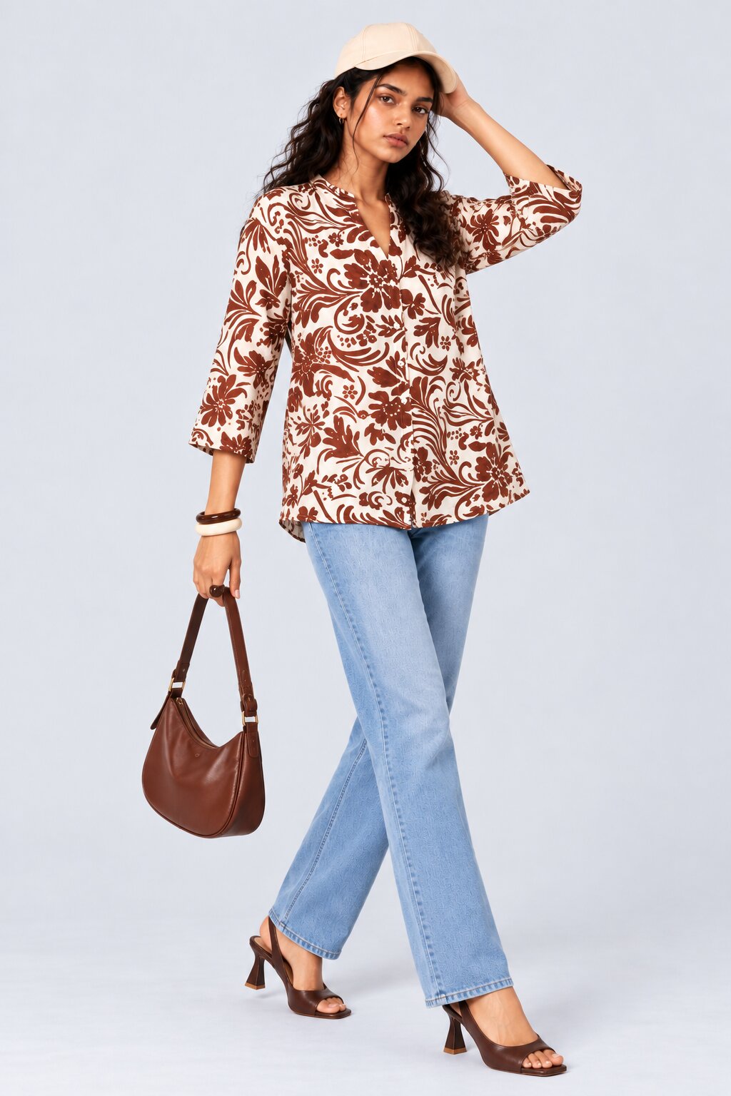 Womens Brown Floral Print Mandarin Collar Tunic - Image 6