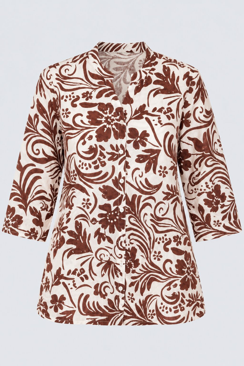 Womens Brown Floral Print Mandarin Collar Tunic - Image 7