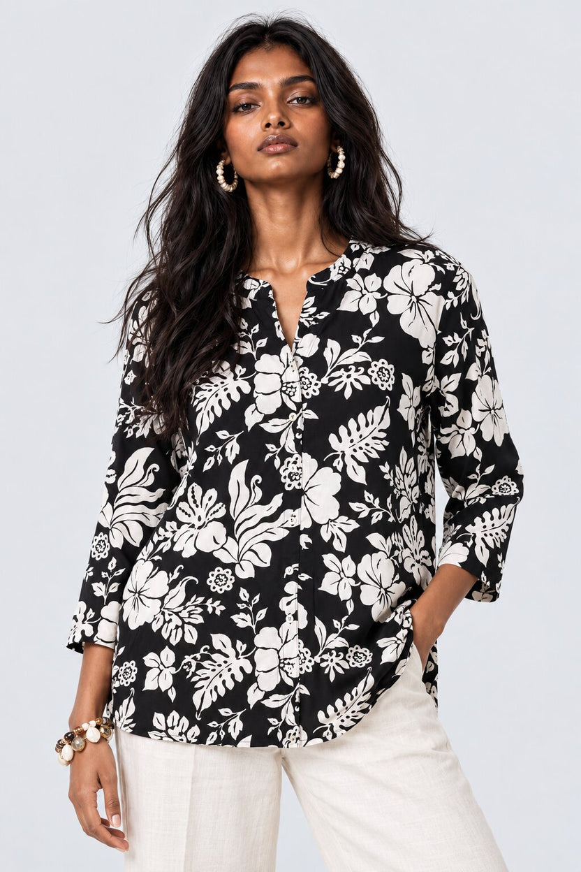 Womens Black Floral Print Mandarin Collar Tunic - Image 1